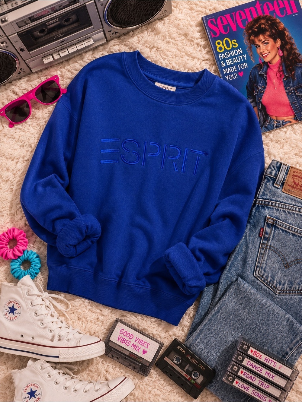 Esprit Royal Blue Crewneck Sweatshirt XL NWT Retro 80s Tonal Embroidered Logo - Picture 2 of 14